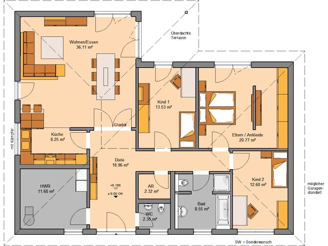 Massivhaus Bungalow Balance von Kern-Haus Schlüsselfertig ab 422900€, Bungalow Grundriss 1