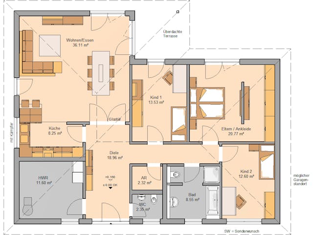 Massivhaus Bungalow Balance Klinker von Kern-Haus Schlüsselfertig ab 422900€, Bungalow Grundriss 1