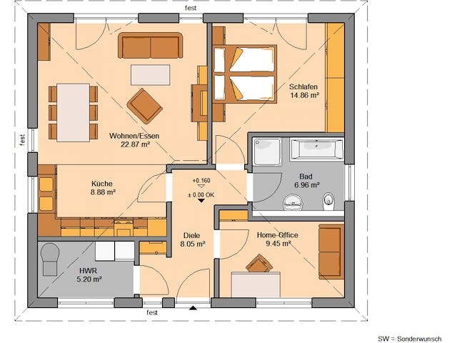 Massivhaus Bungalow Easy von Kern-Haus Schlüsselfertig ab 293900€, Bungalow Grundriss 1