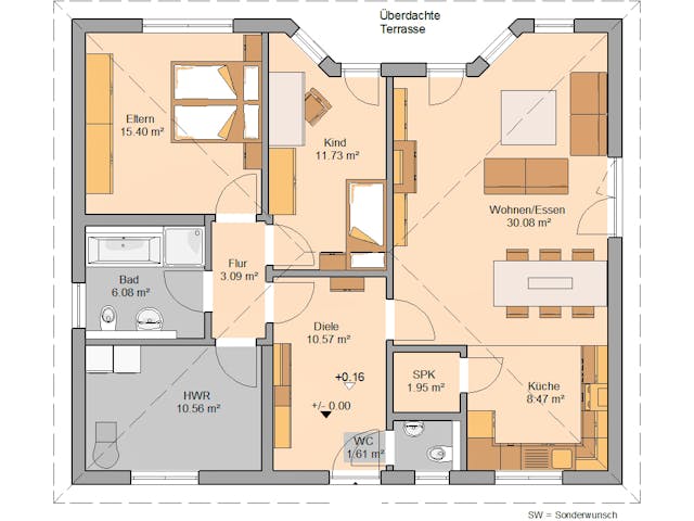 Massivhaus Bungalow Flair von Kern-Haus Schlüsselfertig ab 316900€, Bungalow Grundriss 1
