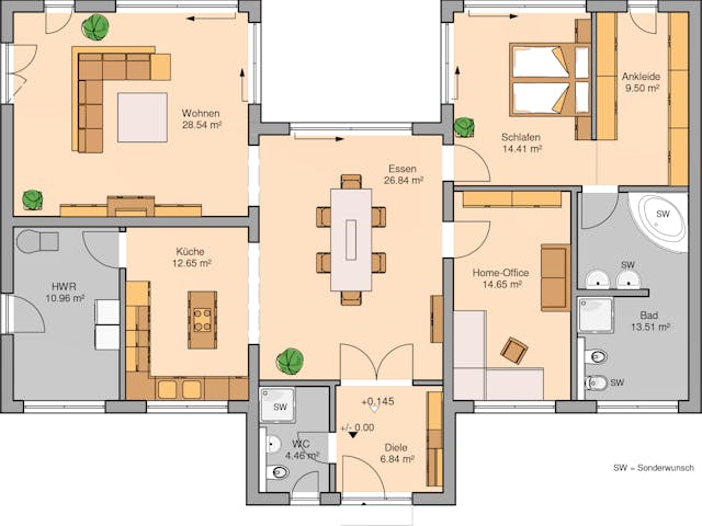 Massivhaus Bungalow Fokus von Kern-Haus Schlüsselfertig ab 495900€, Bungalow Grundriss 1