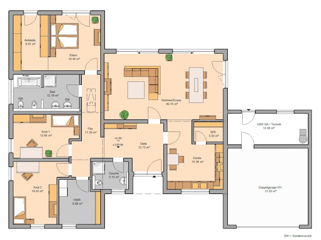 Massivhaus Bungalow Trio von Kern-Haus Schlüsselfertig ab 578900€, Bungalow Grundriss 1