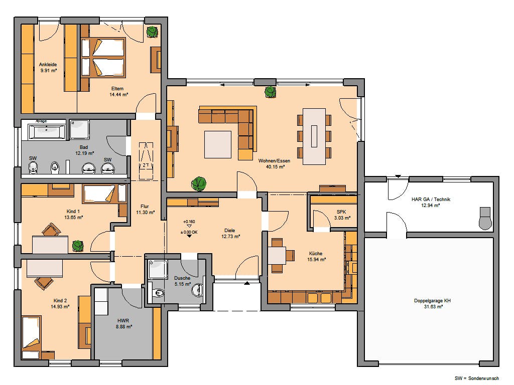 Massivhaus Bungalow Trio von Kern-Haus Schlüsselfertig ab 635900€, Bungalow Grundriss 1