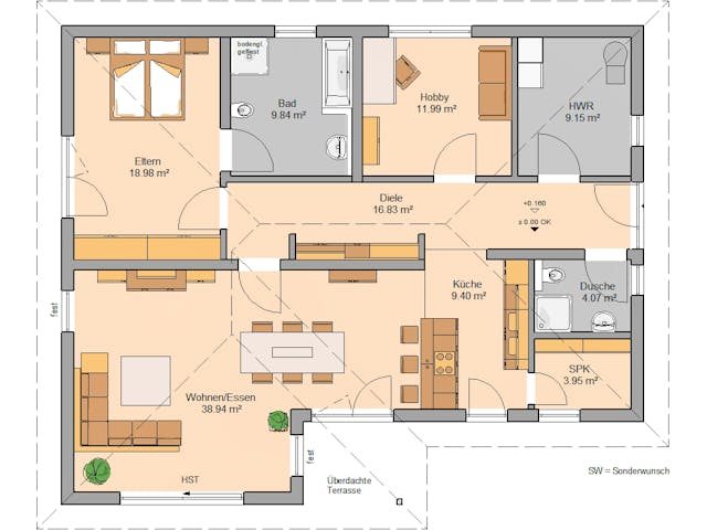 Massivhaus Bungalow Vita von Kern-Haus Schlüsselfertig ab 362900€, Bungalow Grundriss 1