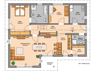 Massivhaus Bungalow Vita Pult von Kern-Haus Schlüsselfertig ab 394900€, Bungalow Grundriss 1