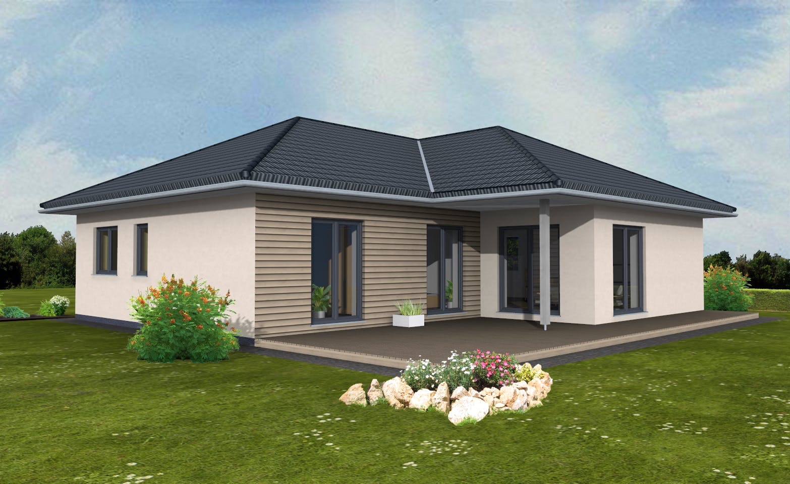 Fertighaus Bungalow 113 von Suckfüll Energiesparhaus Schlüsselfertig ab 311855€, Bungalow Außenansicht 1