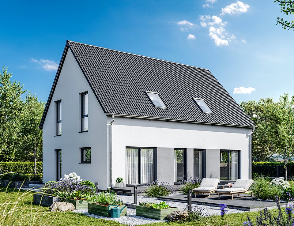 Fertighaus Elisenstraße 144 von bauen.WIEWIR Schlüsselfertig ab 366400€, Satteldach-Klassiker Außenansicht 1