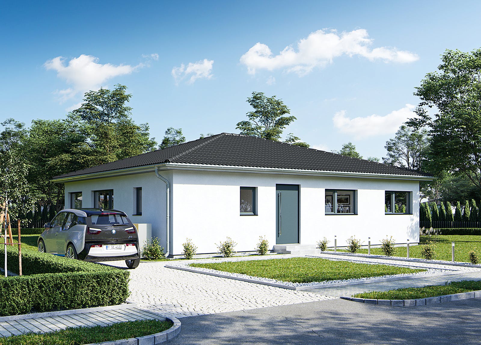 Fertighaus Goethestraße 111 - Walmdach von bauen.WIEWIR Schlüsselfertig ab 287600€, Bungalow Außenansicht 1