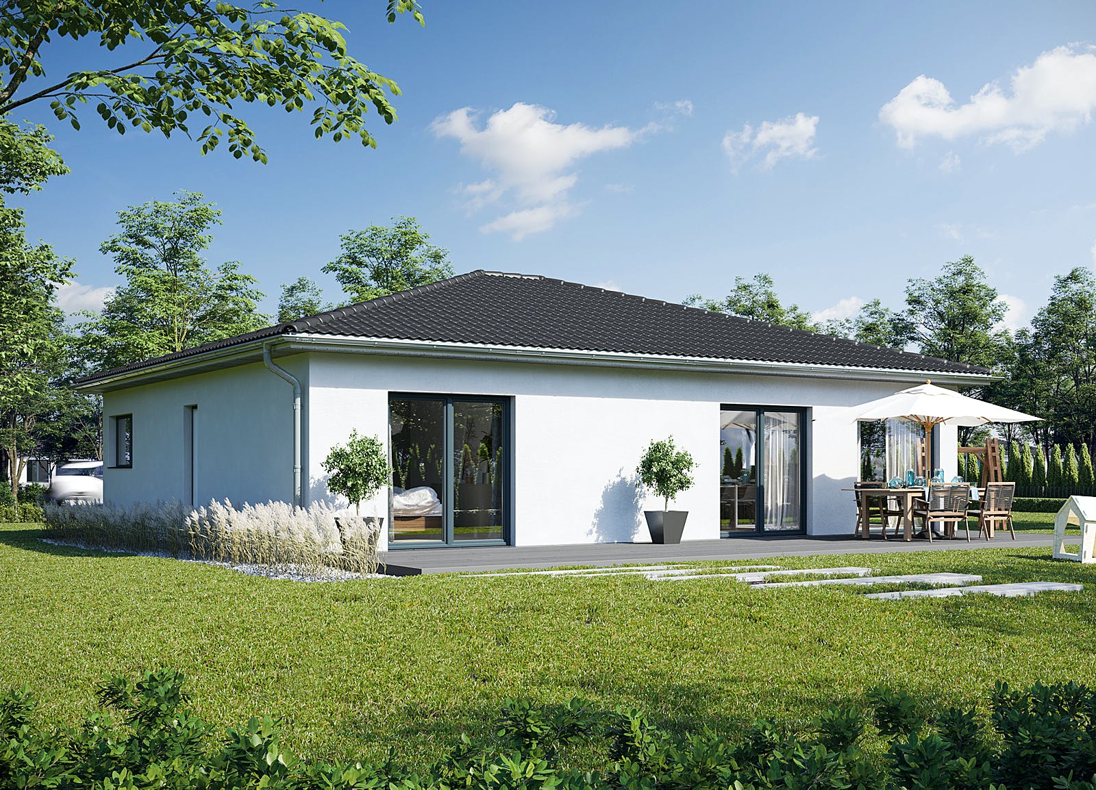 Fertighaus Goethestraße 111 - Walmdach von bauen.WIEWIR Schlüsselfertig ab 287600€, Bungalow Außenansicht 2