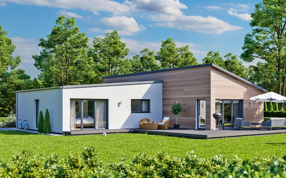 Fertighaus Lessingstraße 128 - Pultdach von bauen.WIEWIR Schlüsselfertig ab 352100€, Bungalow Außenansicht 1