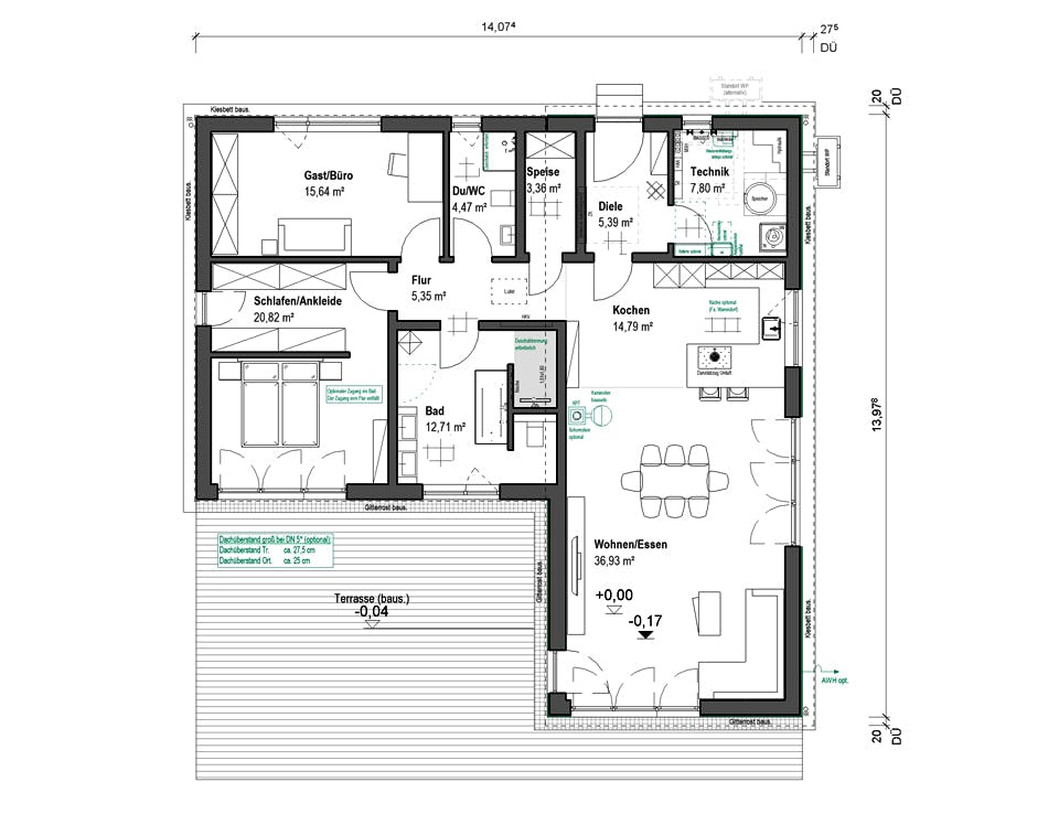 Fertighaus Lessingstraße 128 - Pultdach von bauen.WIEWIR Schlüsselfertig ab 352100€, Bungalow Grundriss 1