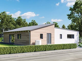 Fertighaus Lessingstraße 128 - Pultdach von bauen.WIEWIR Schlüsselfertig ab 309700€, Bungalow Außenansicht 2