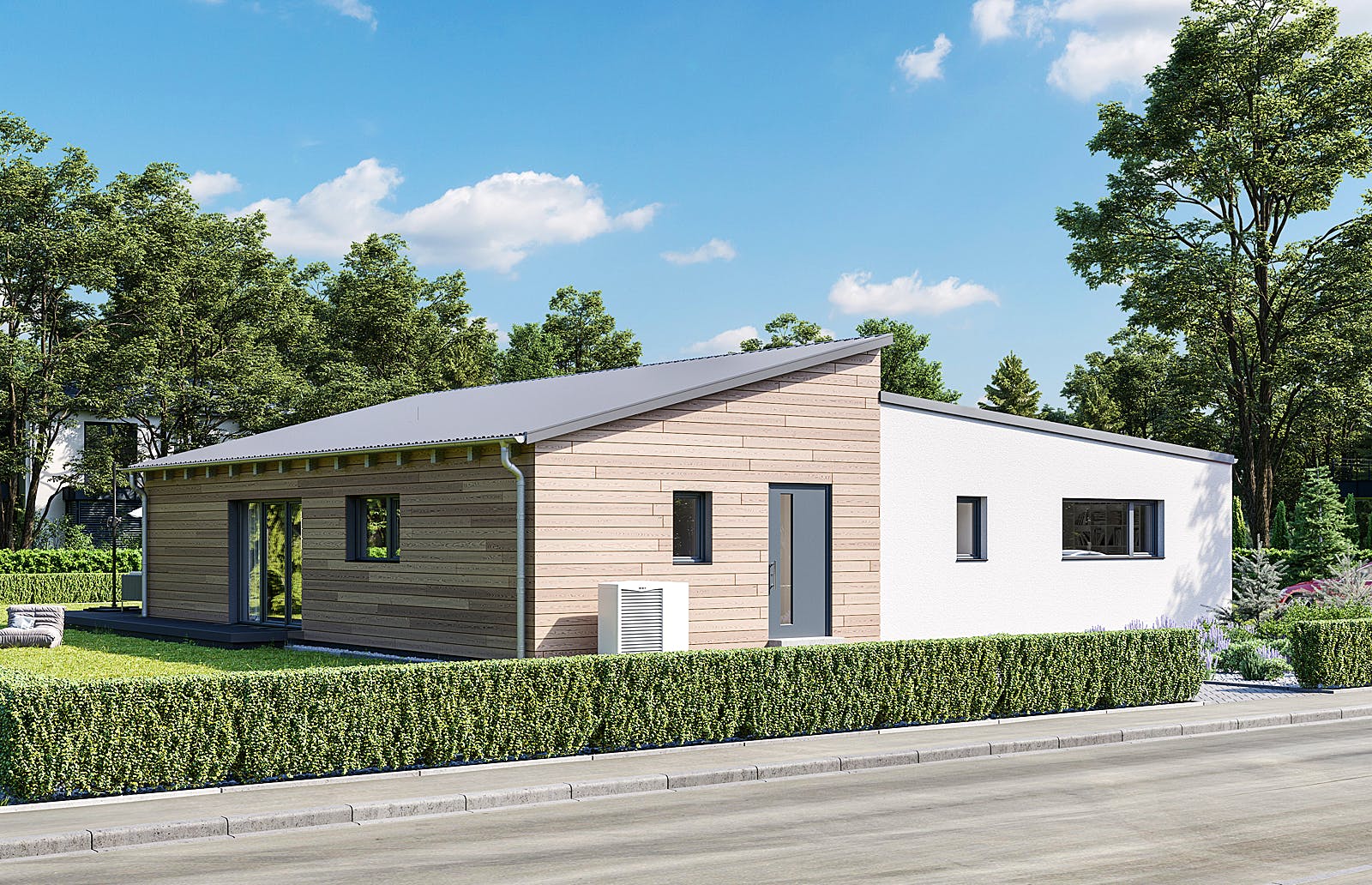 Fertighaus Lessingstraße 128 - Pultdach von bauen.WIEWIR Schlüsselfertig ab 352100€, Bungalow Außenansicht 2