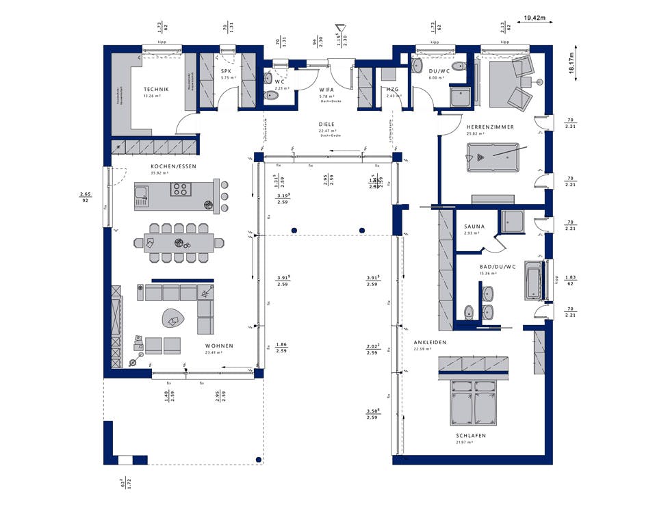Fertighaus AMBIENCE 209 FD von Bien-Zenker Schlüsselfertig ab 728813€, Bungalow Grundriss 1