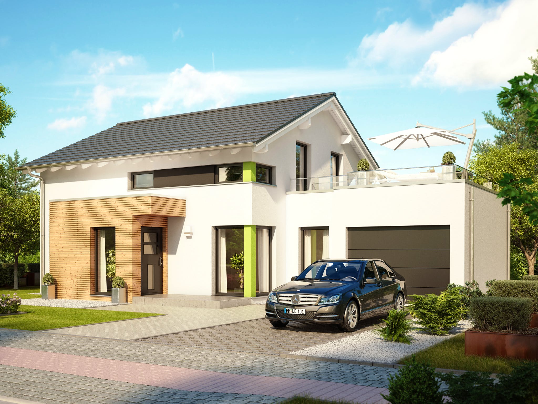 Fertighaus EVOLUTION 143 V5 von Bien-Zenker Schlüsselfertig ab 288038€, Satteldach-Klassiker Außenansicht 1