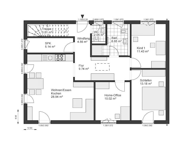 Fertighaus White&Black Bungalow 95 von WHITE&BLACK Fertighäuser Ausbauhaus ab 152450€, Satteldach-Klassiker Grundriss 1