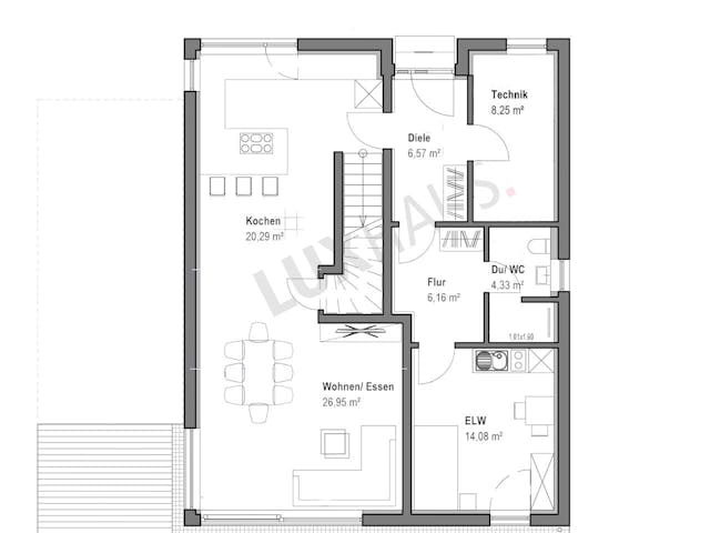 Fertighaus Satteldach Modern 164 von LUXHAUS, Satteldach-Klassiker Grundriss 1