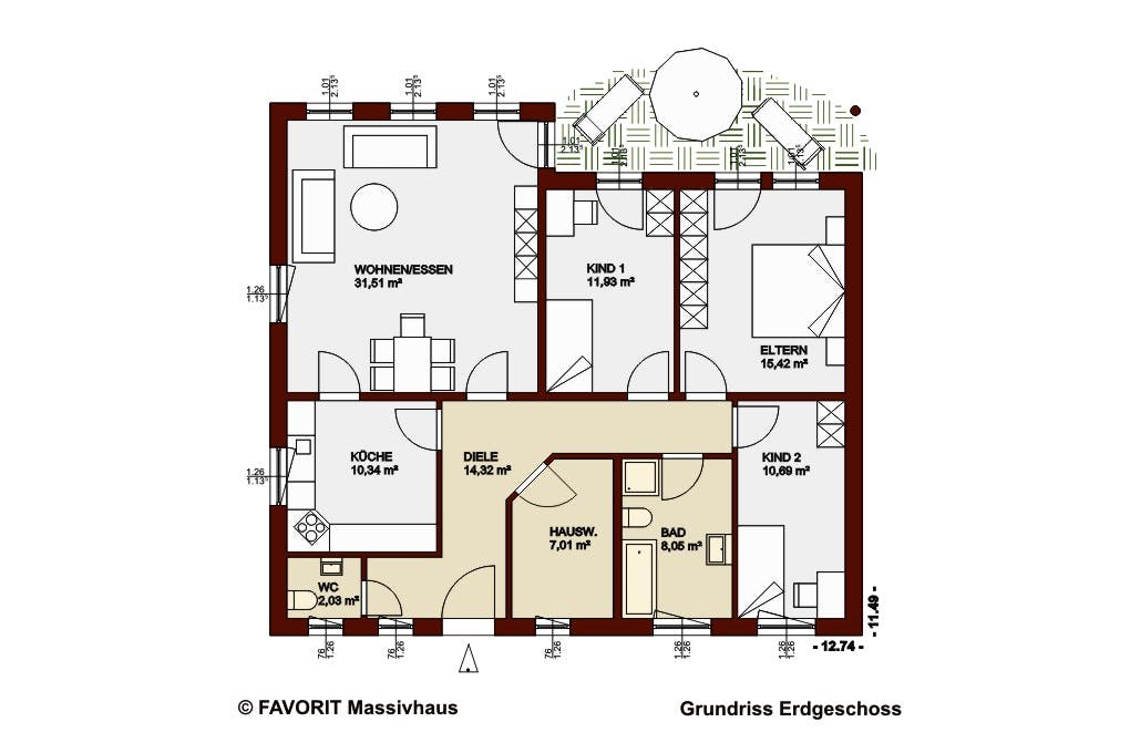 Massivhaus Chalet 111 von Favorit Massivhaus Schlüsselfertig ab 331550€, Bungalow Grundriss 1