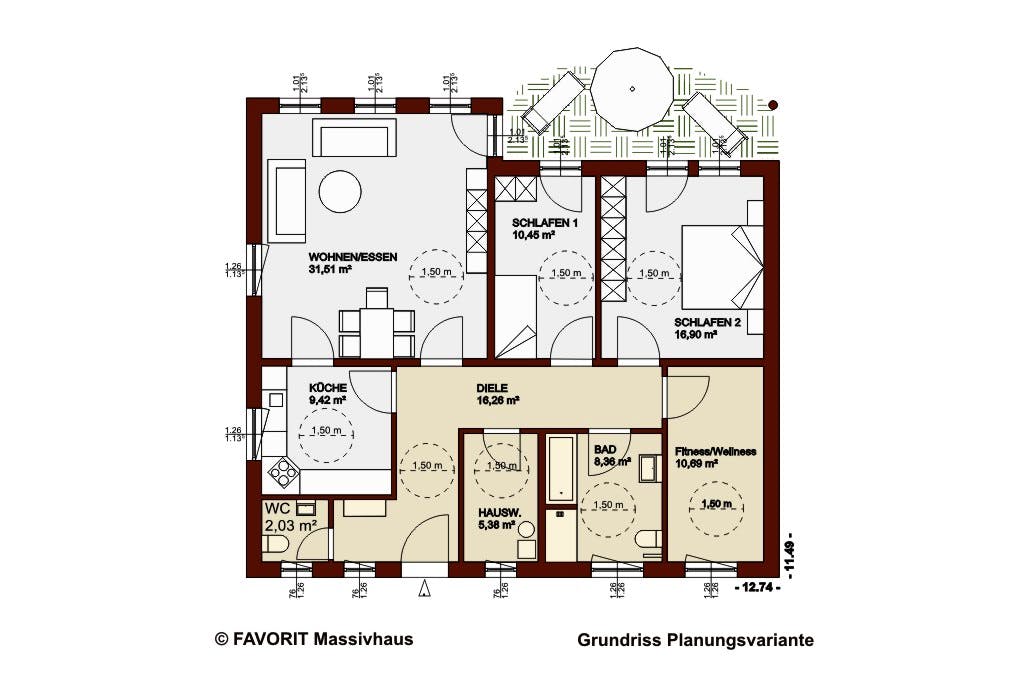 Massivhaus Chalet 111 von Favorit Massivhaus Schlüsselfertig ab 331550€, Bungalow Grundriss 2