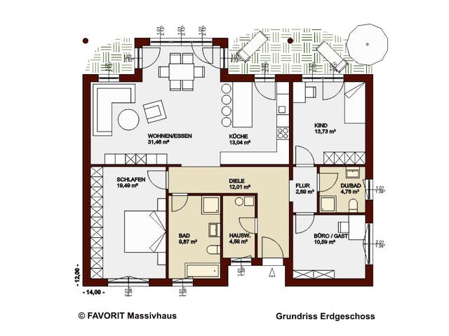 Massivhaus Chalet 122 edition von Favorit Massivhaus Schlüsselfertig ab 357090€, Bungalow Grundriss 1