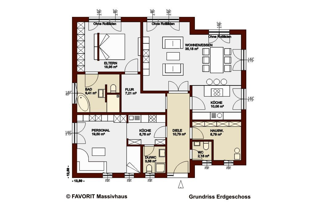 Massivhaus Chalet 132 von Favorit Massivhaus Schlüsselfertig ab 430960€, Bungalow Grundriss 1