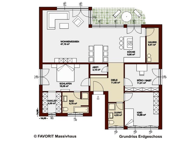 Massivhaus Chalet 135 von FAVORIT Massivhaus Schlüsselfertig ab 402560€, Bungalow Grundriss 1