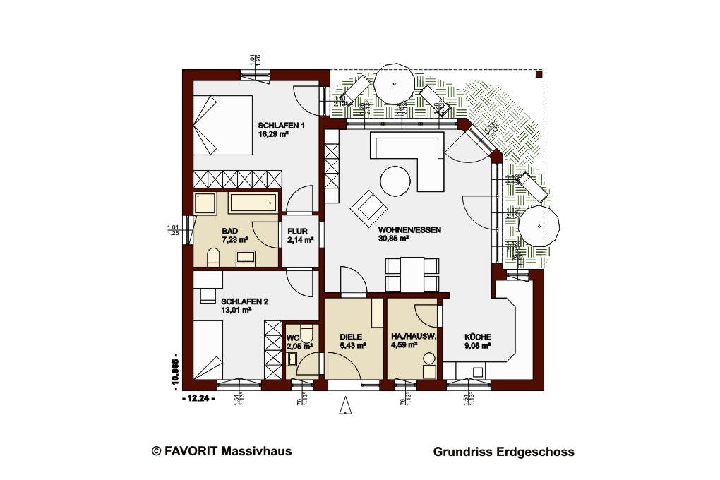 Massivhaus Chalet 91 von Favorit Massivhaus Schlüsselfertig ab 315770€, Bungalow Grundriss 1