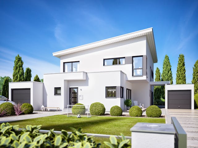 Fertighaus Corradino von Büdenbender Hausbau Schlüsselfertig ab 1112000€, Pultdachhaus Außenansicht 1
