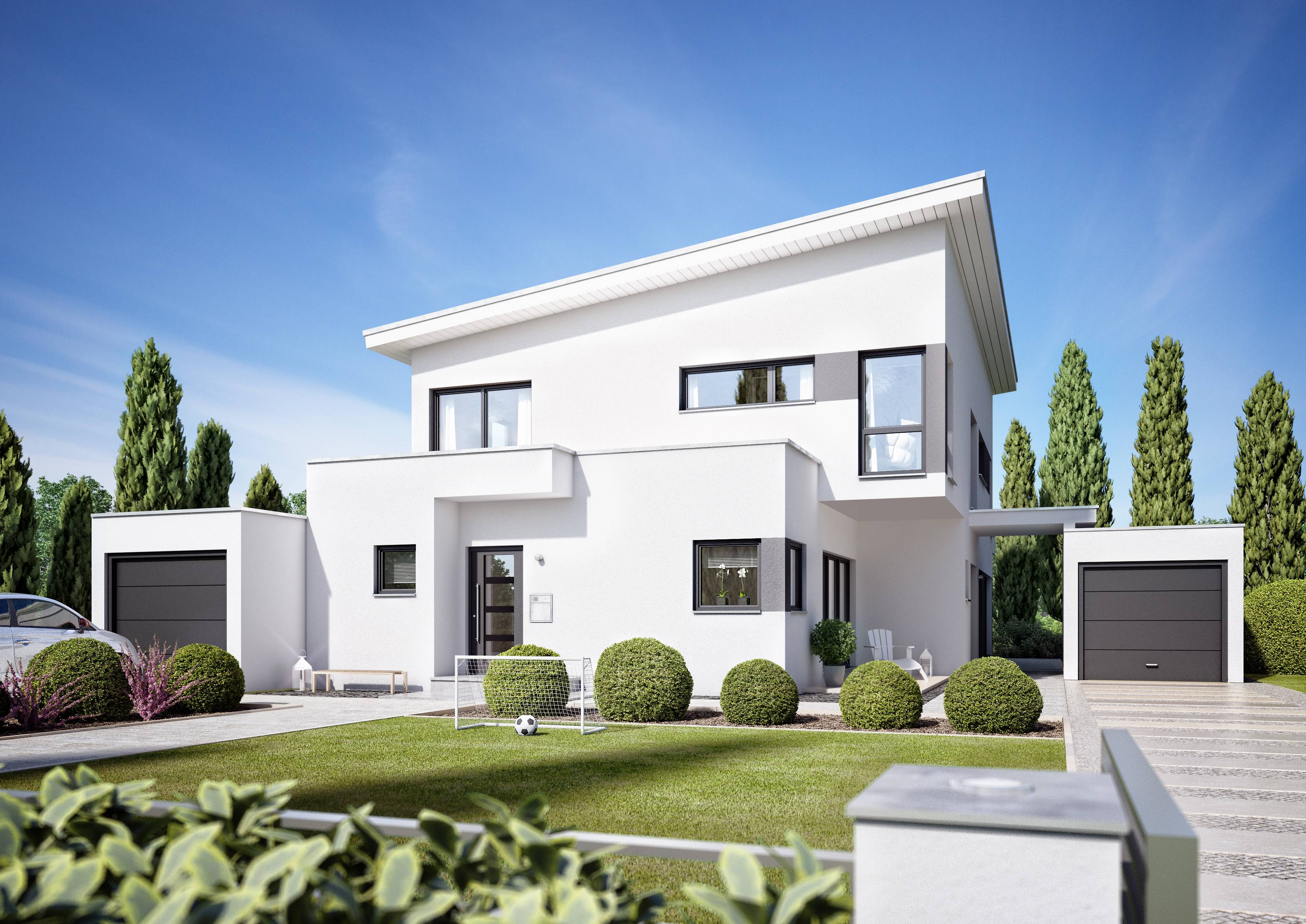 Fertighaus Corradino von Büdenbender Hausbau Schlüsselfertig ab 877350€, Pultdachhaus Außenansicht 1