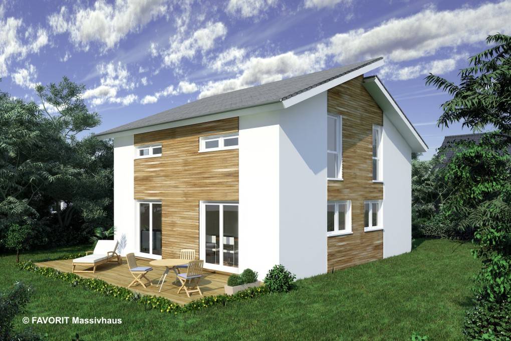Massivhaus Creativ Sun 116 von Favorit Massivhaus Schlüsselfertig ab 314930€, Pultdachhaus Außenansicht 1
