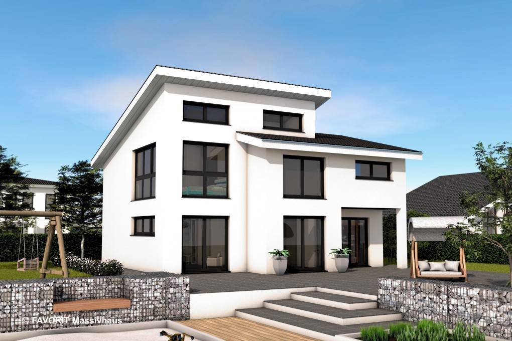 Massivhaus Creativ Sun 141 von Favorit Massivhaus Schlüsselfertig ab 392880€, Satteldach-Klassiker Außenansicht 2
