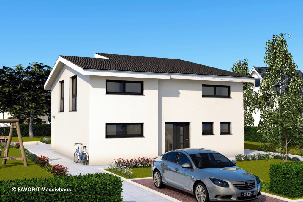 Massivhaus Creativ Sun 141 von Favorit Massivhaus Schlüsselfertig ab 392880€, Satteldach-Klassiker Außenansicht 1