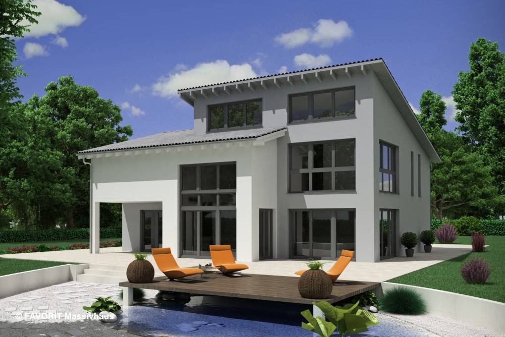 Massivhaus Creativ Sun 211 edition von Favorit Massivhaus Schlüsselfertig ab 536480€, Pultdachhaus Außenansicht 1
