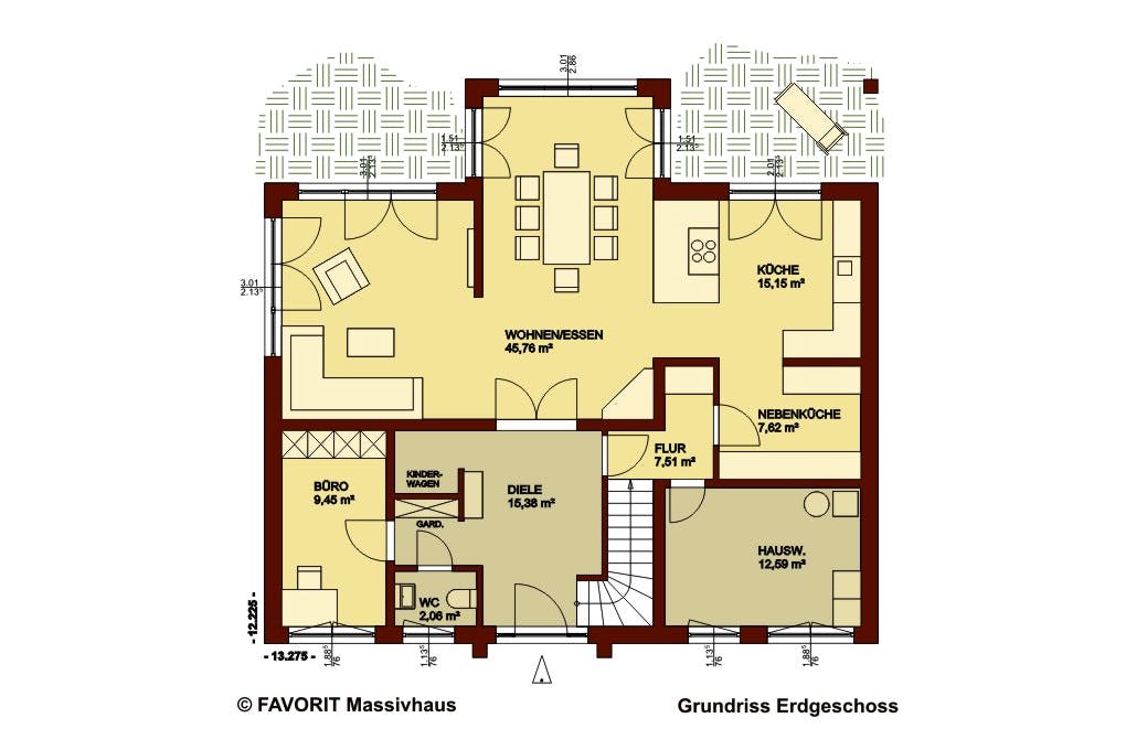 Massivhaus Creativ Sun 211 edition von Favorit Massivhaus Schlüsselfertig ab 536480€, Pultdachhaus Grundriss 1