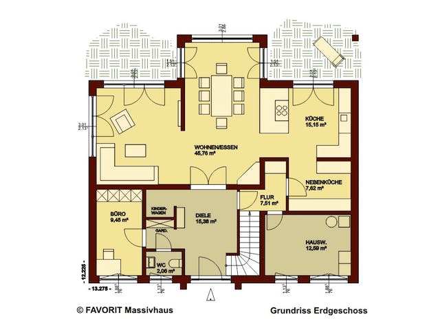 Massivhaus Creativ Sun 211 edition von Favorit Massivhaus Schlüsselfertig ab 536480€, Pultdachhaus Grundriss 1