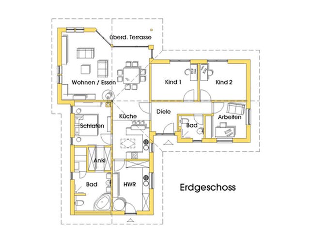 Fertighaus Natalie (KfW-Effizienzhaus 40 EE) von Dammann-Haus Schlüsselfertig ab 392000€, Bungalow Grundriss 1