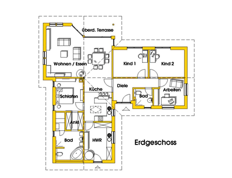 Fertighaus Natalie (KfW-Effizienzhaus 40 EE) von Dammann-Haus Schlüsselfertig ab 392000€, Bungalow Grundriss 1