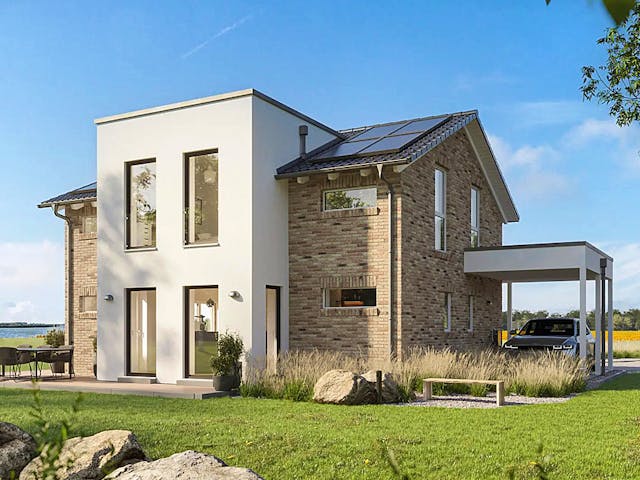 Fertighaus Dreamline-E-123 E5 von Danhaus Deutschland Schlüsselfertig ab 363997€, Satteldach-Klassiker Außenansicht 1