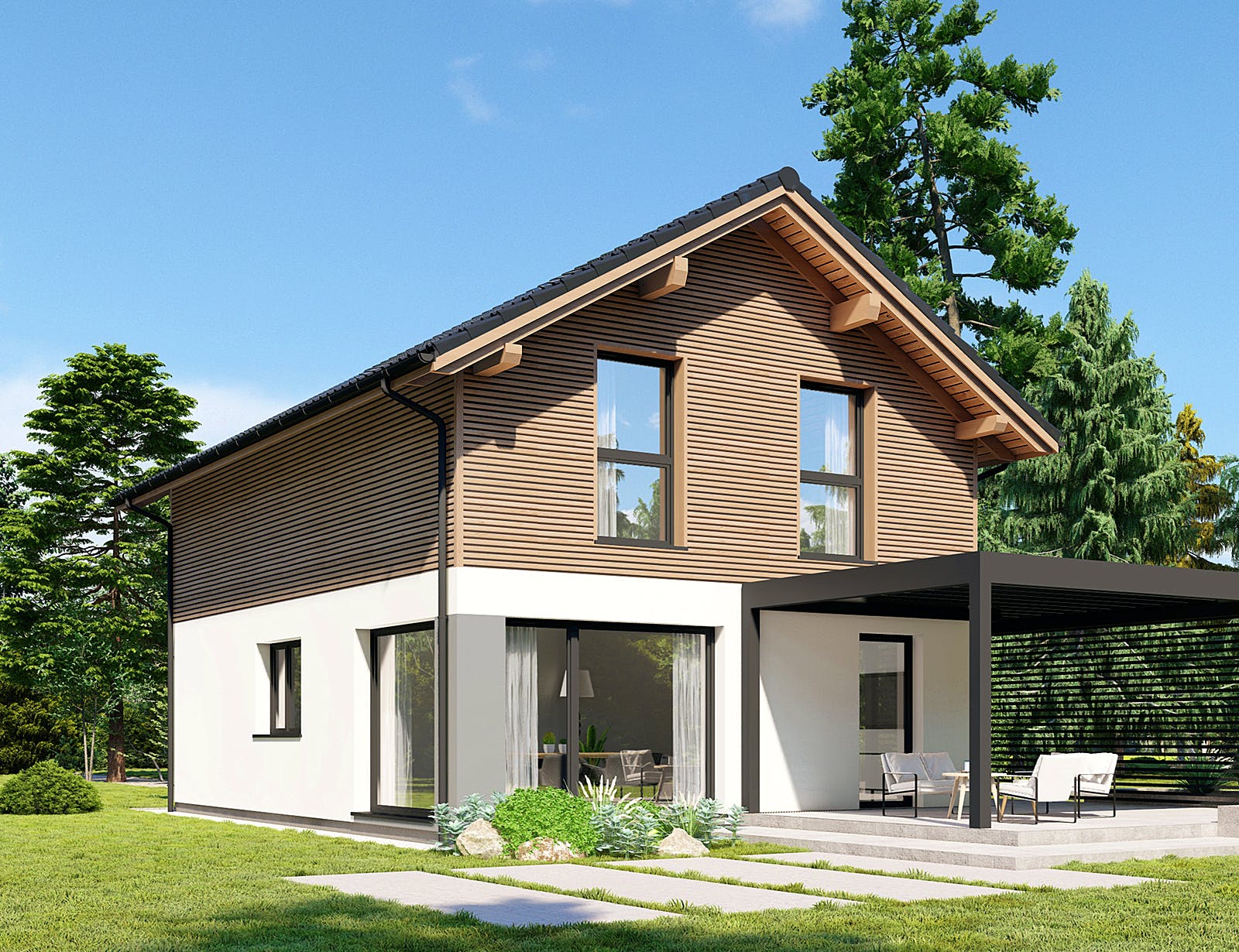 Fertighaus Point 116 von Danwood - Österreich Schlüsselfertig ab 238900€, Satteldach-Klassiker Außenansicht 1