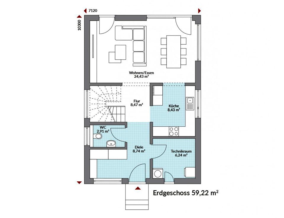 Fertighaus Point 116 von Danwood - Österreich Schlüsselfertig ab 238900€, Satteldach-Klassiker Grundriss 1