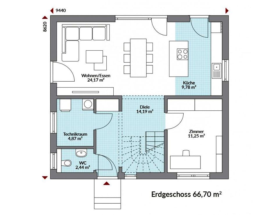 Fertighaus Point 130 von Danwood - Österreich Schlüsselfertig ab 239600€, Satteldach-Klassiker Grundriss 1