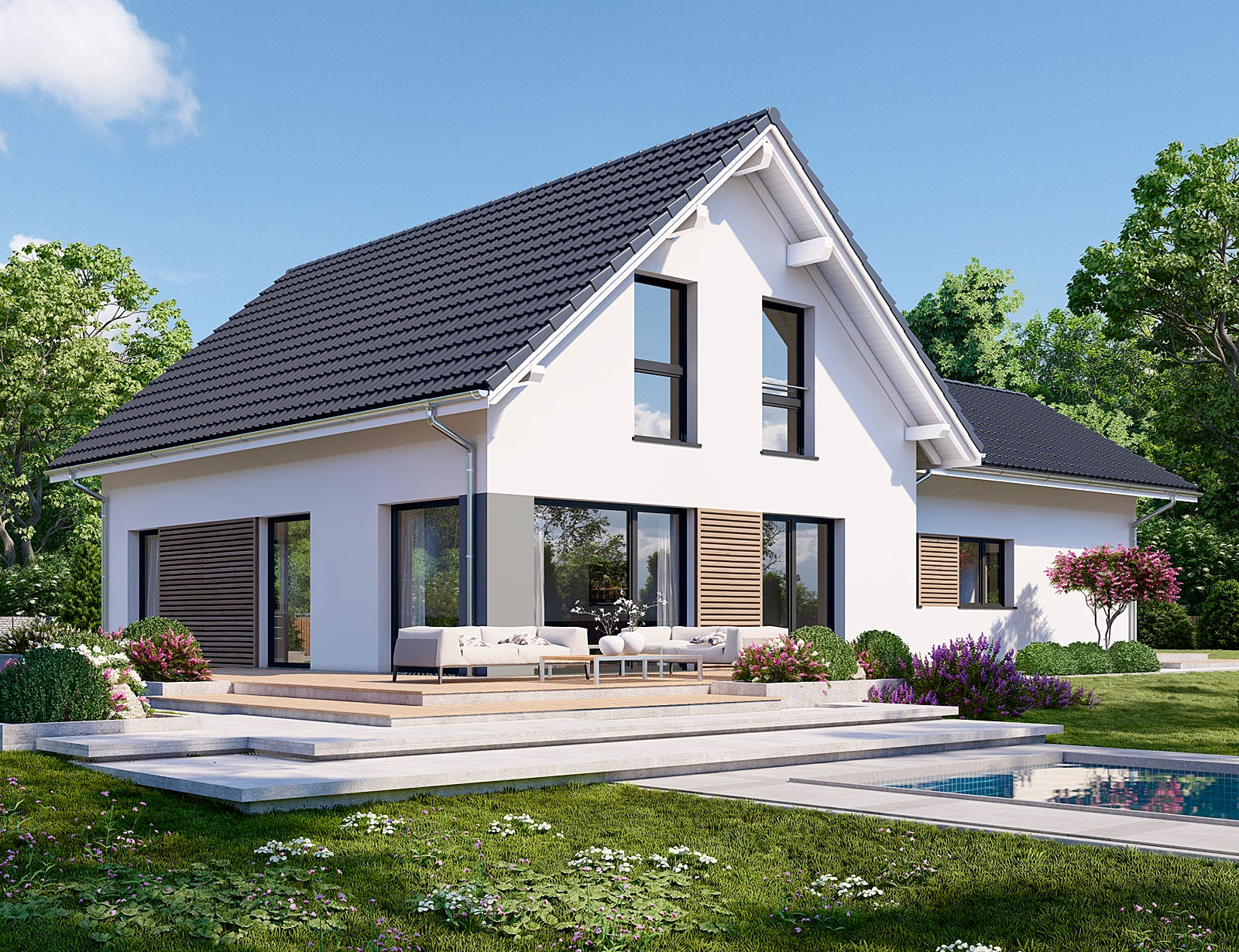 Fertighaus Privat 174 von Danwood - Österreich Schlüsselfertig ab 368800€, Satteldach-Klassiker Außenansicht 1