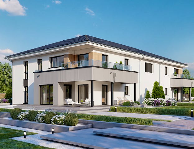 Zweigeschossiges Fertighaus-Mehrfamilienhaus mit 4 Wohnungen im Stil einer Stadtvilla von DANWOOD