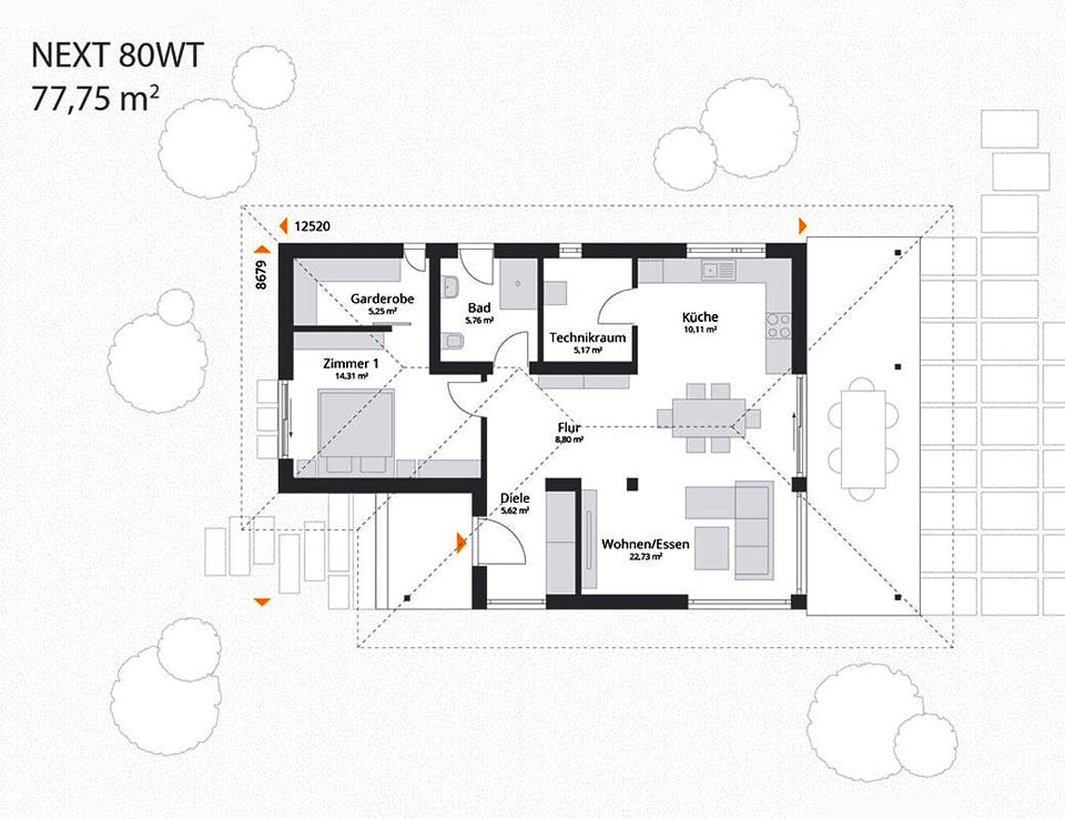 Fertighaus Next 80 WT von Danwood - NEXT by Danwood Schlüsselfertig ab 299400€, Bungalow Grundriss 1
