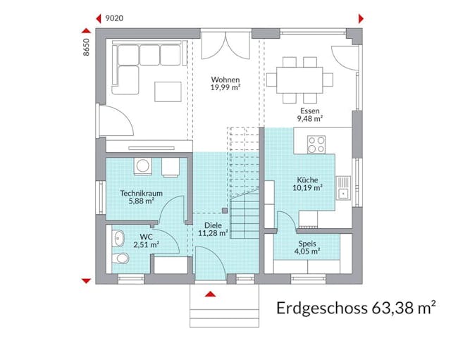 Fertighaus Point 121 von Danwood Schlüsselfertig ab 279800€, Satteldach-Klassiker Grundriss 1