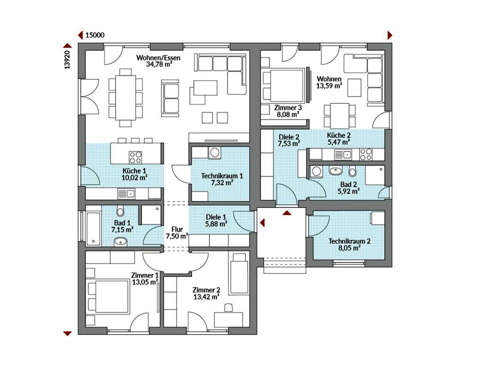 Fertighaus Privat 148 von Danwood Schlüsselfertig ab 303700€, Bungalow Grundriss 1