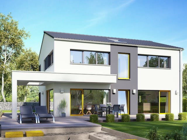 Fertighaus Deniro 155 von Büdenbender Hausbau Schlüsselfertig ab 589000€, Satteldach-Klassiker Außenansicht 1