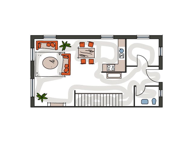 Massivhaus ICON S Doppelhaushälfte mit Satteldach von Dennert Massivhaus Ausbauhaus ab 216400€, Grundriss 1