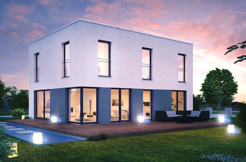 Massivhaus ICON 3 City mit Flachdach von Dennert Massivhaus Ausbauhaus ab 256800€, Cubushaus Außenansicht 1
