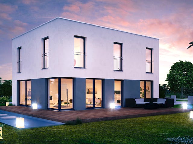 Massivhaus ICON 3 City mit Flachdach von Dennert Massivhaus Ausbauhaus ab 264400€, Cubushaus Außenansicht 1